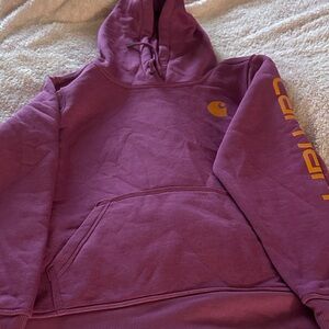 Carhartt Plum Hoodie with Yellow Logo and Sleeve Lettering